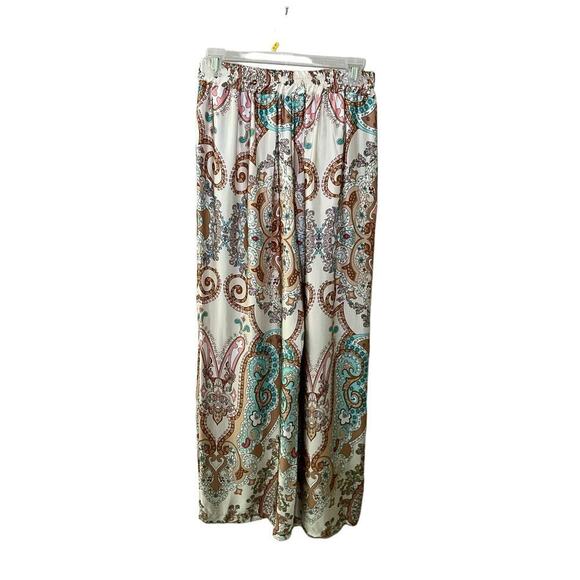 Women's Cropped Pant Beige Silky Paisley Wide Leg Flat Front Bohemian - Picture 2 of 6